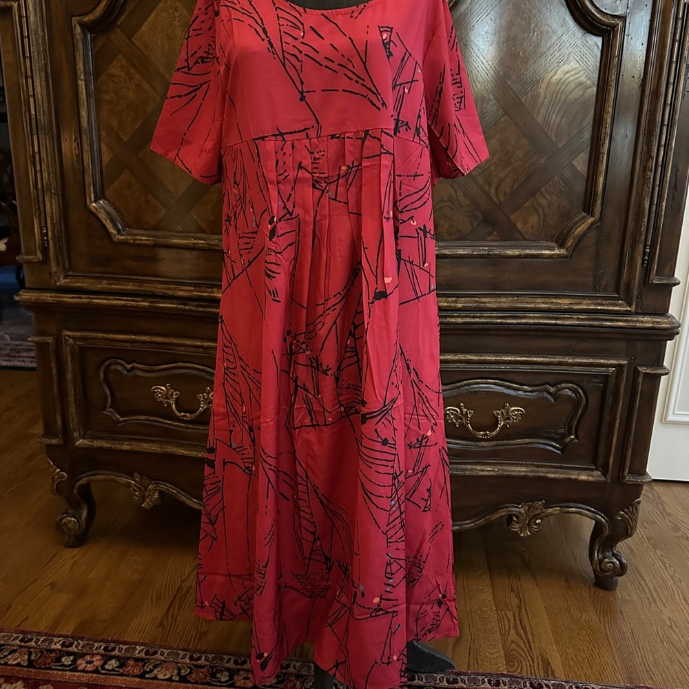 Red Dress with Random Geometric blk  Lines/accents of turq & orange dots scatter